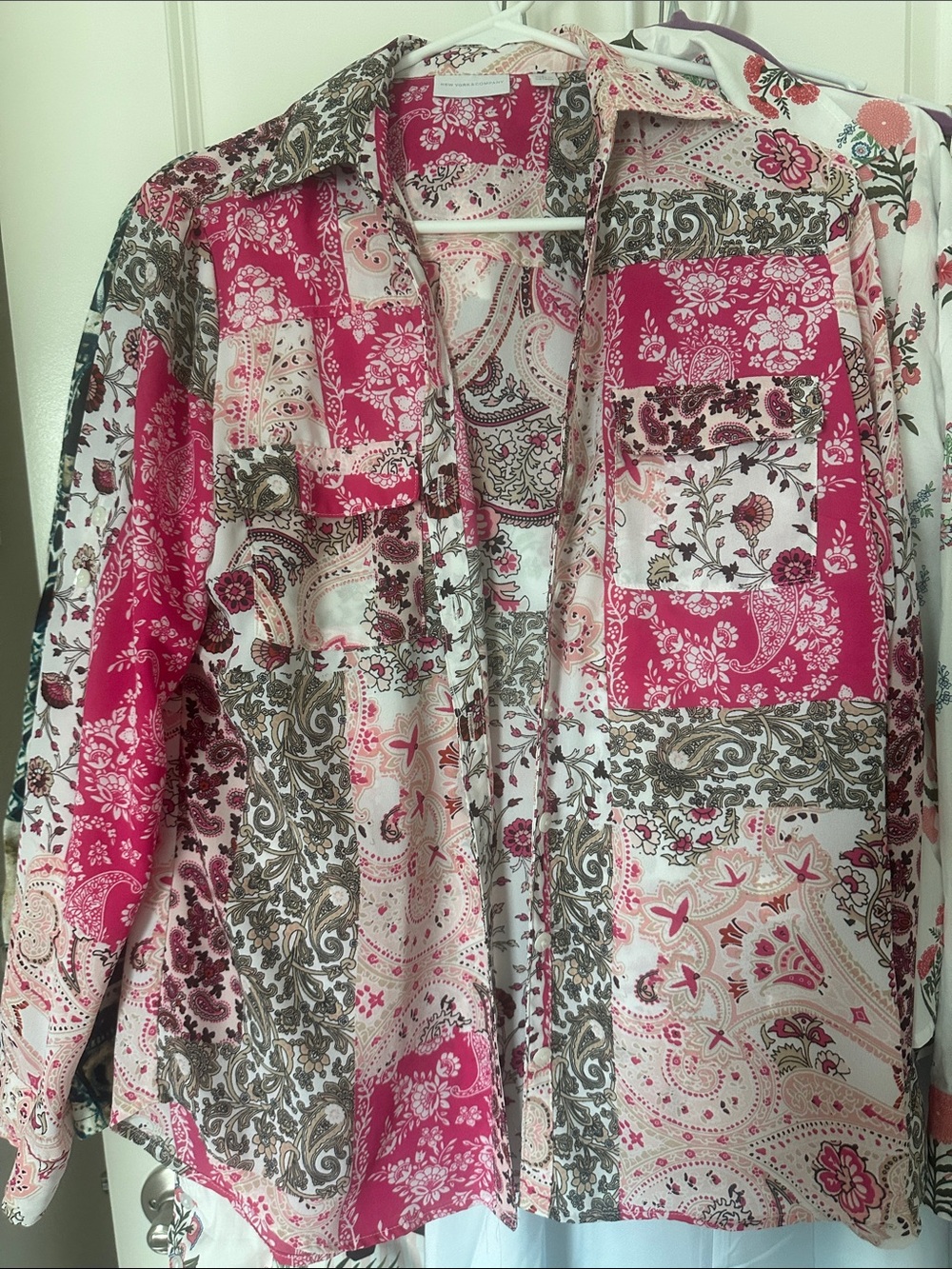 New York & Company Pink and White Patchwork Paisley Blouse